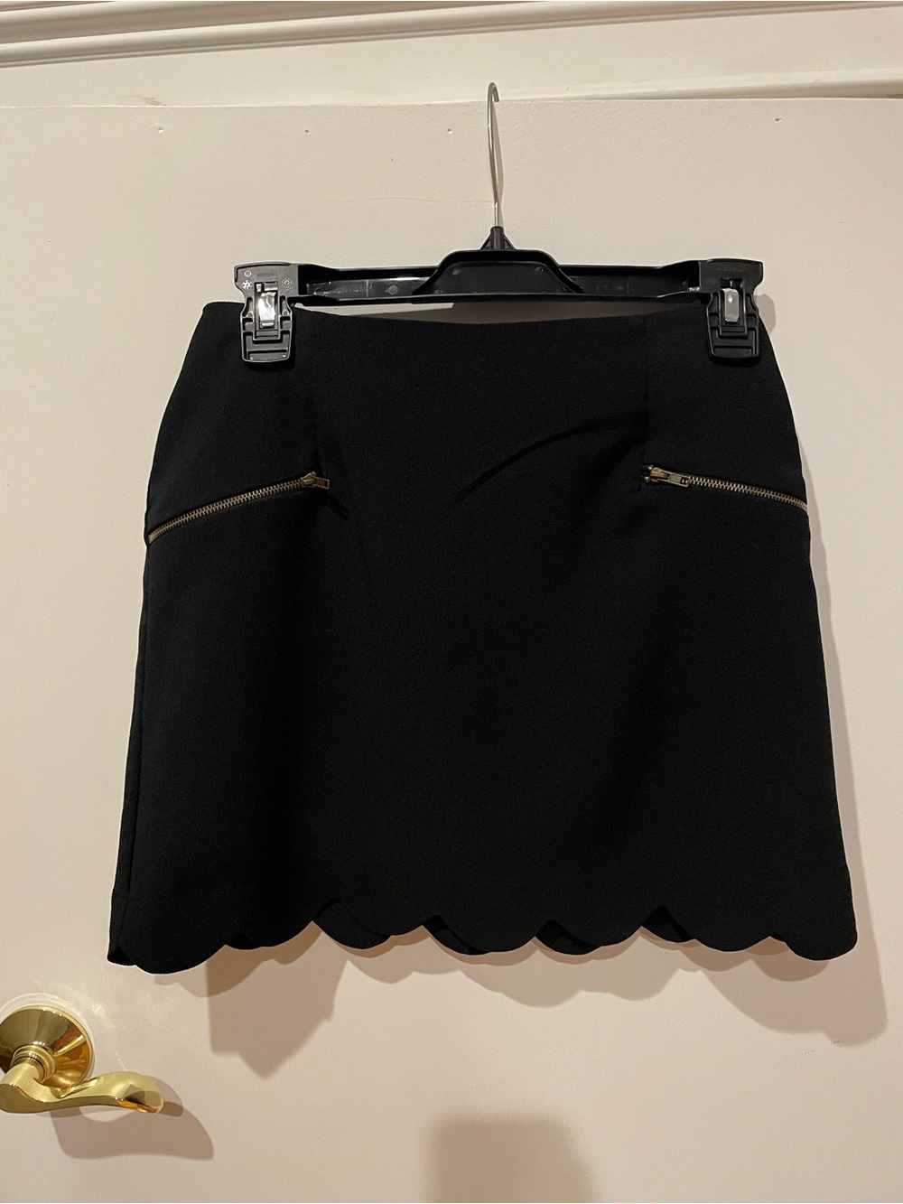 Monteau Black Mini Skirt with Scalloped Hem and Gold Zippers